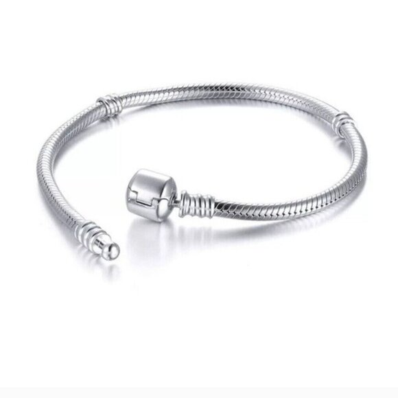 Sterling Silver S925 Snap Clasp Snake Chain European Charm Bracelet about 8" - Picture 8 of 8